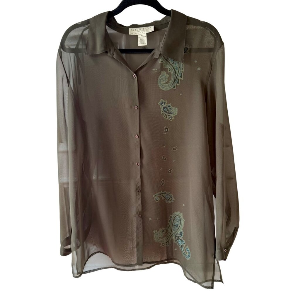 Norton Womens Sheer Button-Up Blouse size XL Paisley Print Accents Olive Green